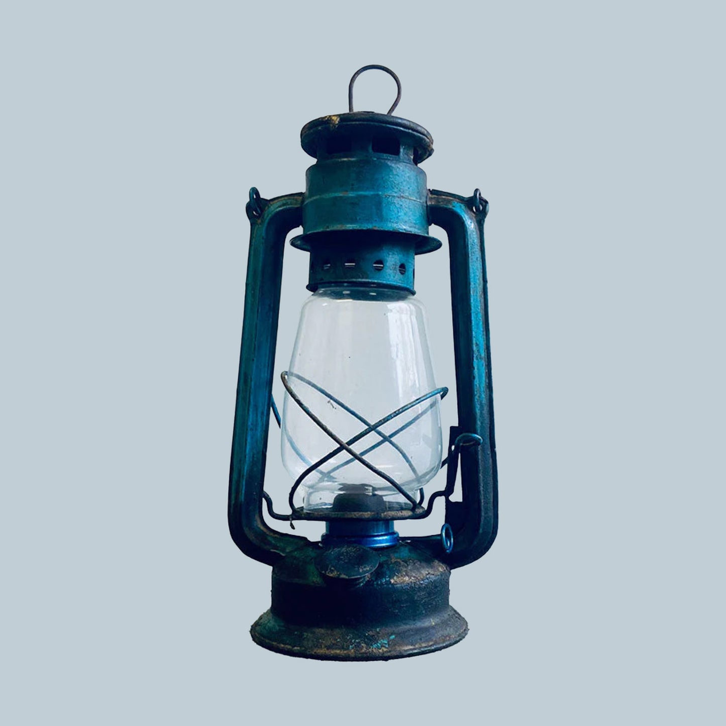 Blue iron petrol lamp, India, 1970s