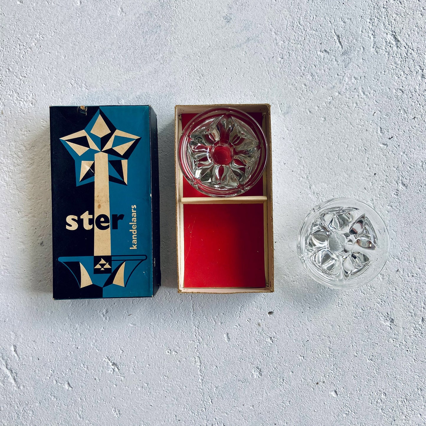 Royal Leerdam, Christmas set / 2x vintage glass (crystal) star-shaped candlestick-holders, The Netherlands, 1950s - 1960s