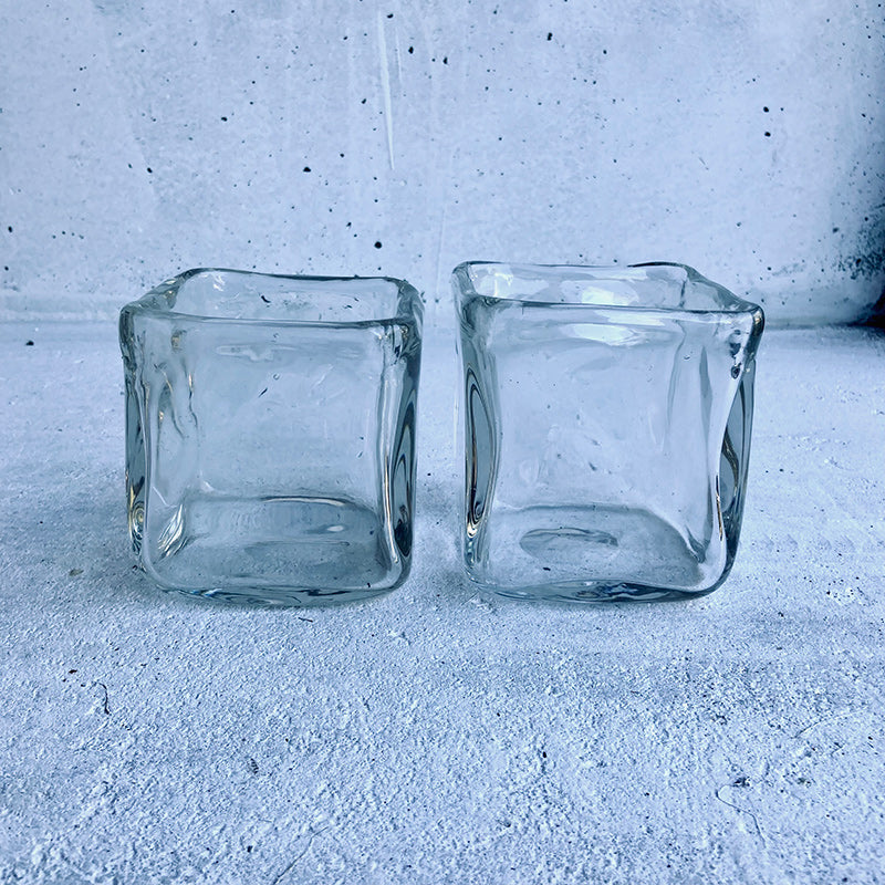 Set of 2 contemporary square cube leaded glass candle holders / bowls / vases, Scandinavia, 1960s