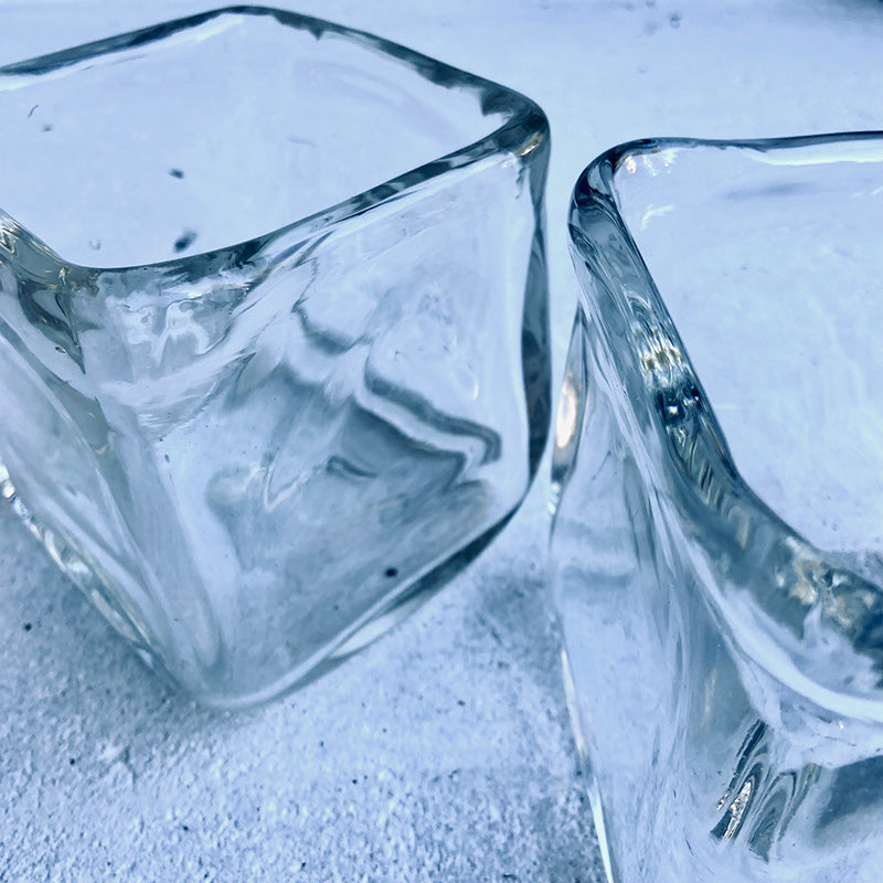 Set of 2 contemporary square cube leaded glass candle holders / bowls / vases, Scandinavia, 1960s