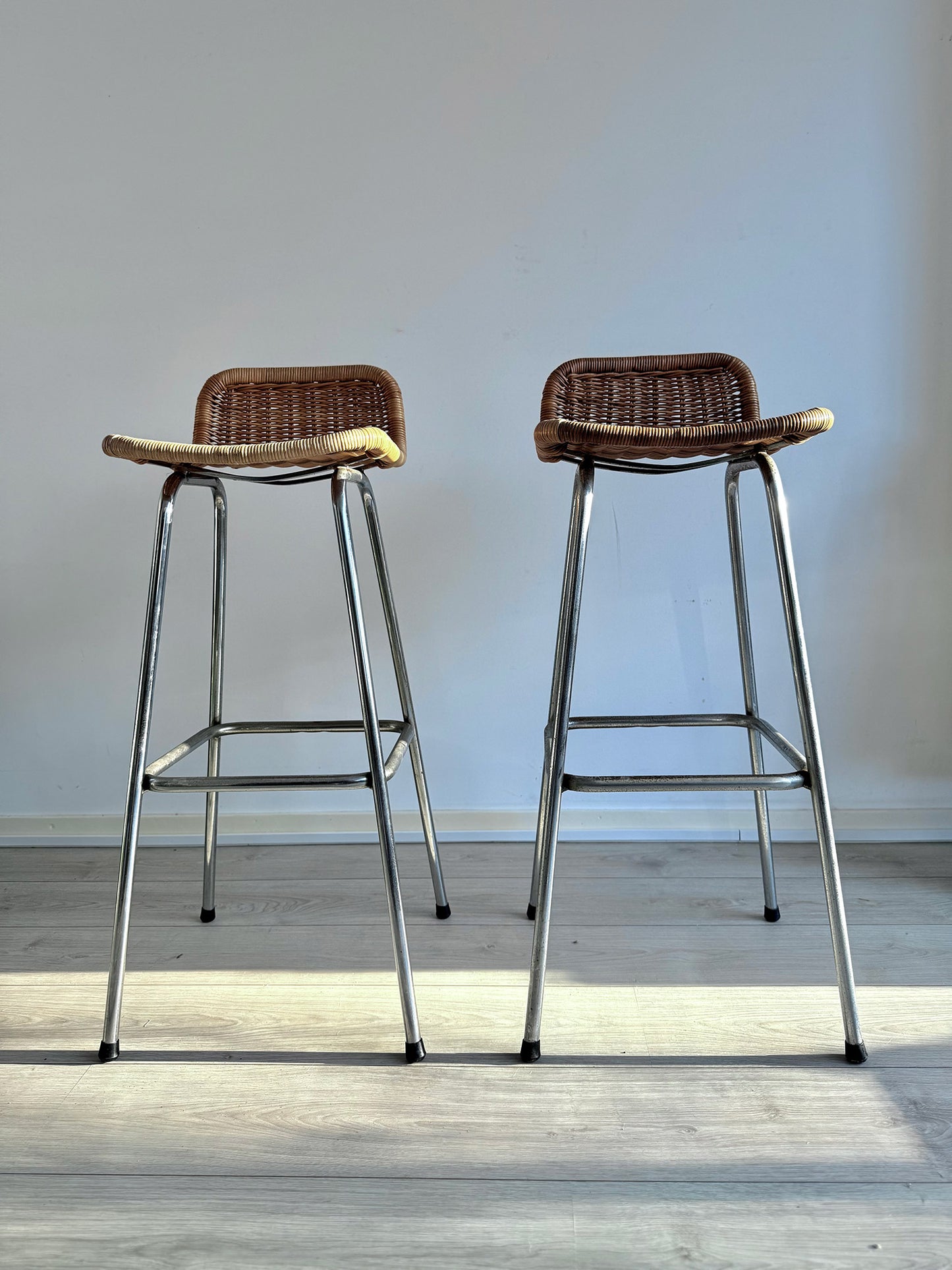 Vintage rattan bar stools by Dirk van Sliedregt for Rohé Noordwolde, Dutch design, 1970s (set of 2)