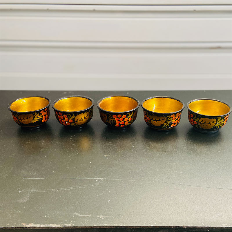 Vintage wooden Khokhloma cups, hand painted, Nizhniy Novgorod - Russia, 1970s