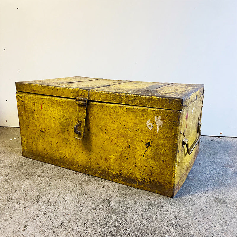 Vintage rugged yellow metal box, India / UK, 20th century