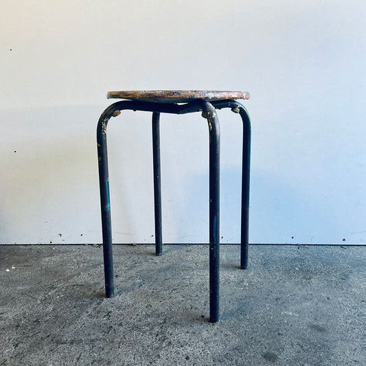 Set of 2 Vintage Atelier Jean Prouvé style modernist industrial mid-century stools, France, 1950s / 1960s