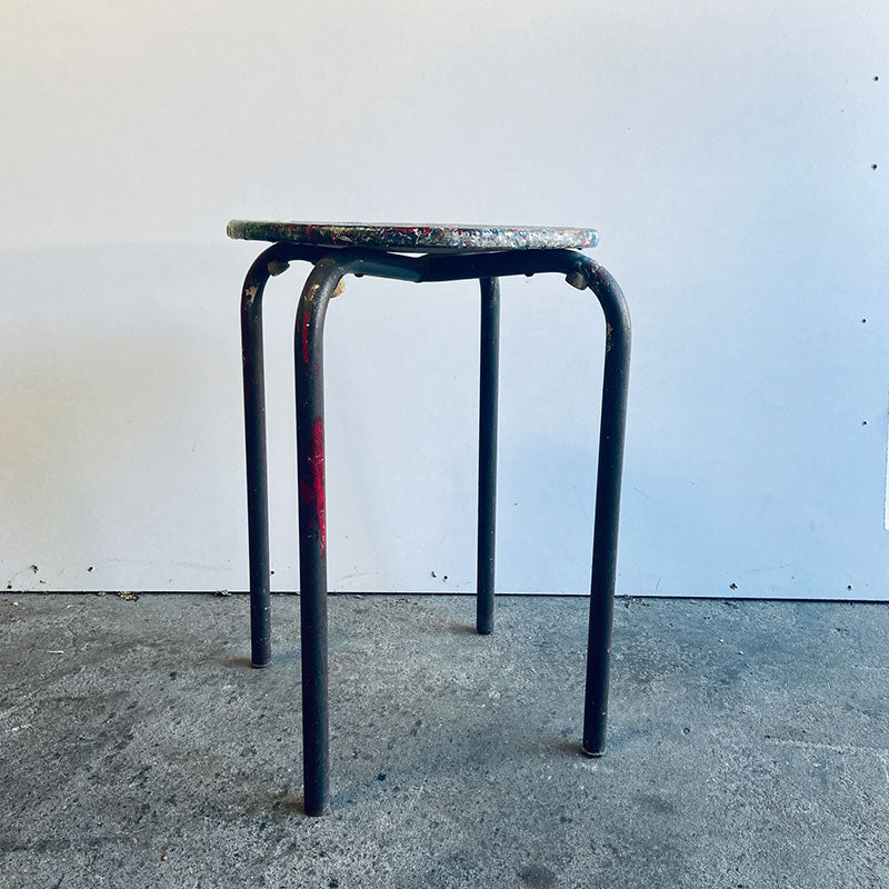Set of 2 Vintage Atelier Jean Prouvé style modernist industrial mid-century stools, France, 1950s / 1960s