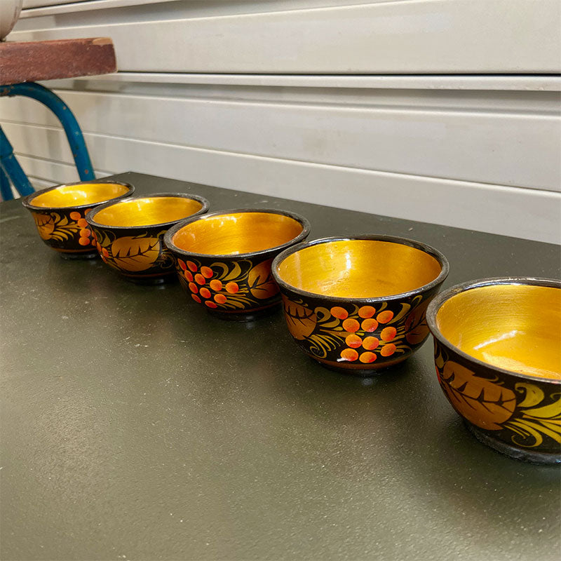 Vintage wooden Khokhloma cups, hand painted, Nizhniy Novgorod - Russia, 1970s