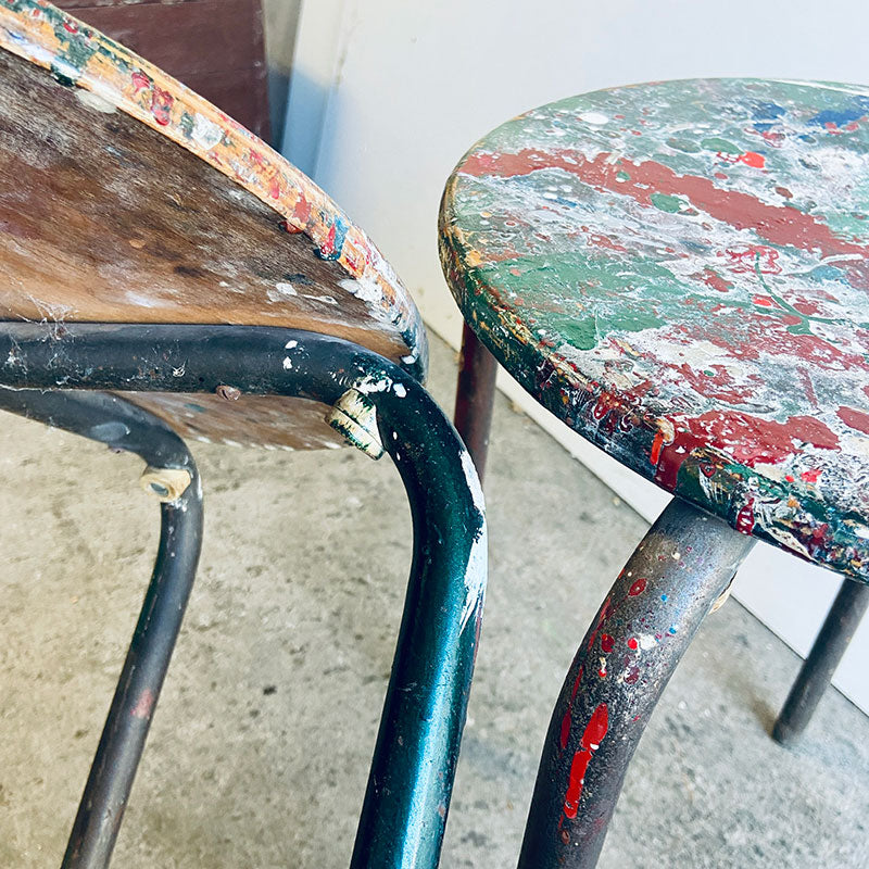 Set of 2 Vintage Atelier Jean Prouvé style modernist industrial mid-century stools, France, 1950s / 1960s