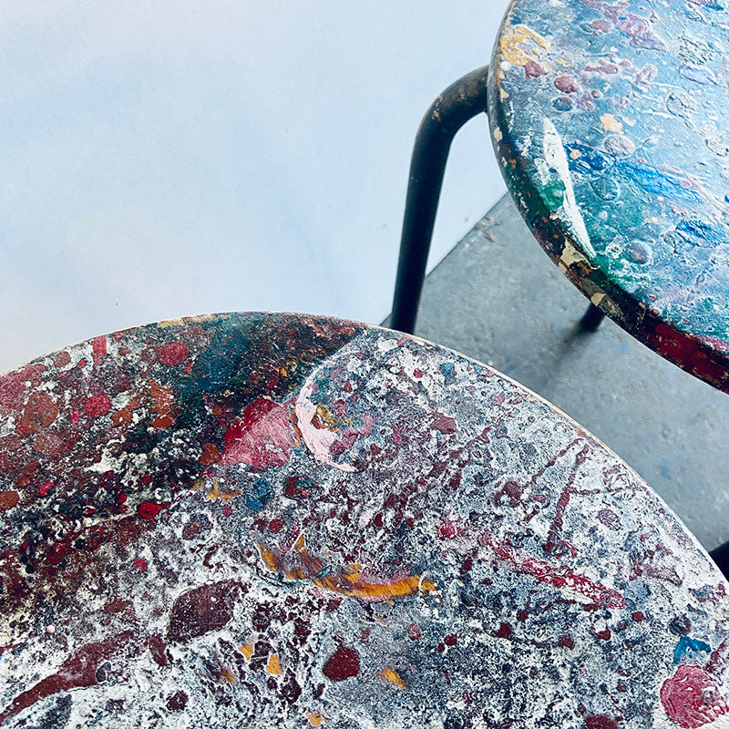 Set of 2 Vintage Atelier Jean Prouvé style modernist industrial mid-century stools, France, 1950s / 1960s