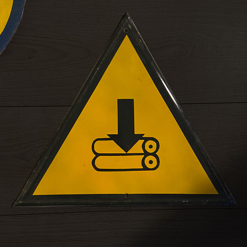 Industrial vintage porcelain enamel sign with safety instruction "Danger heavy machinery", Bulgaria, 1970s