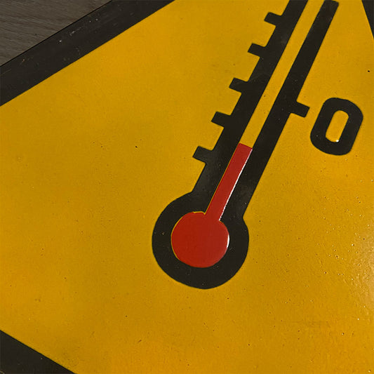 Industrial vintage porcelain enamel sign with safety instruction "Low temperature warning", Bulgaria, 1970s