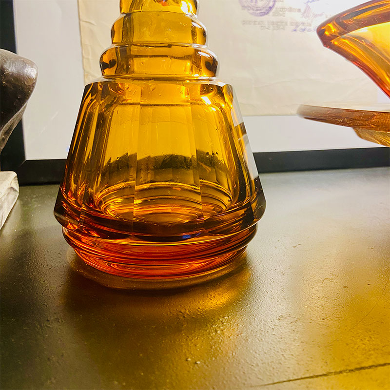 Liqueur carafe-decanter / amber colored cut glass, Czech / Bohemian, 1930s