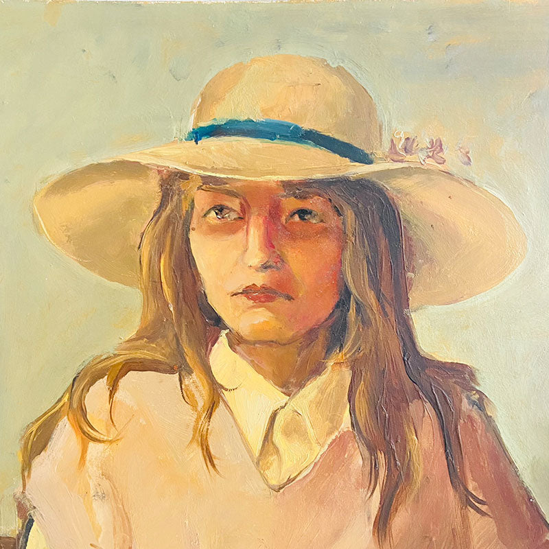 Original painting, "Girl with hat", art, Bulgaria, 1970s