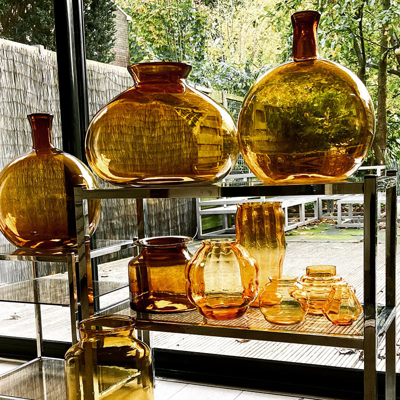 Amber colored glass neckbottle demijohn (vintage), Bohemian / Hungary, 1970s