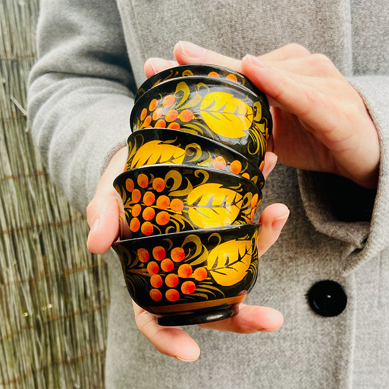 Vintage wooden Khokhloma cups, hand painted, Nizhniy Novgorod - Russia, 1970s