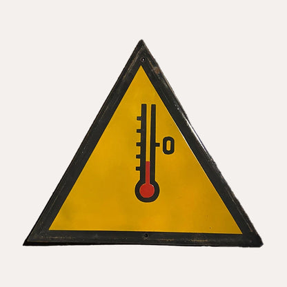Industrial vintage porcelain enamel sign with safety instruction "Low temperature warning", Bulgaria, 1970s