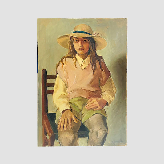 Original painting, "Girl with hat", art, Bulgaria, 1970s