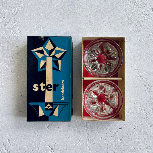 Royal Leerdam, Christmas set / 2x vintage glass (crystal) star-shaped candlestick-holders, The Netherlands, 1950s - 1960s