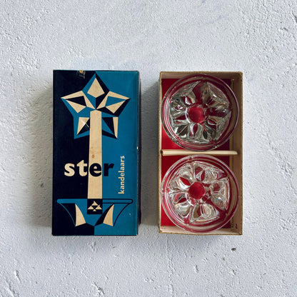 Royal Leerdam, Christmas set / 2x vintage glass (crystal) star-shaped candlestick-holders, The Netherlands, 1950s - 1960s