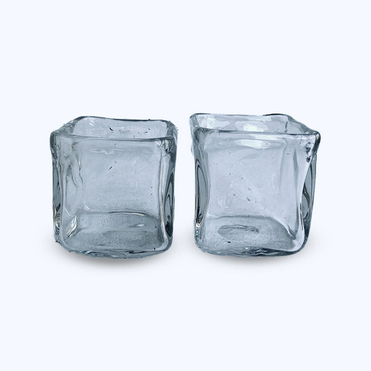 Set of 2 contemporary square cube leaded glass candle holders / bowls / vases, Scandinavia, 1960s