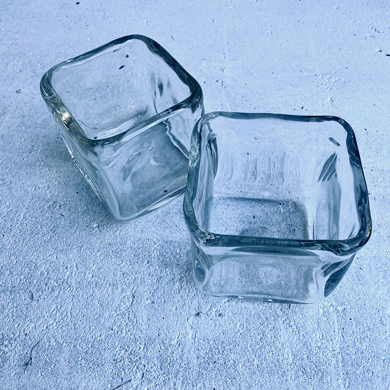 Set of 2 contemporary square cube leaded glass candle holders / bowls / vases, Scandinavia, 1960s