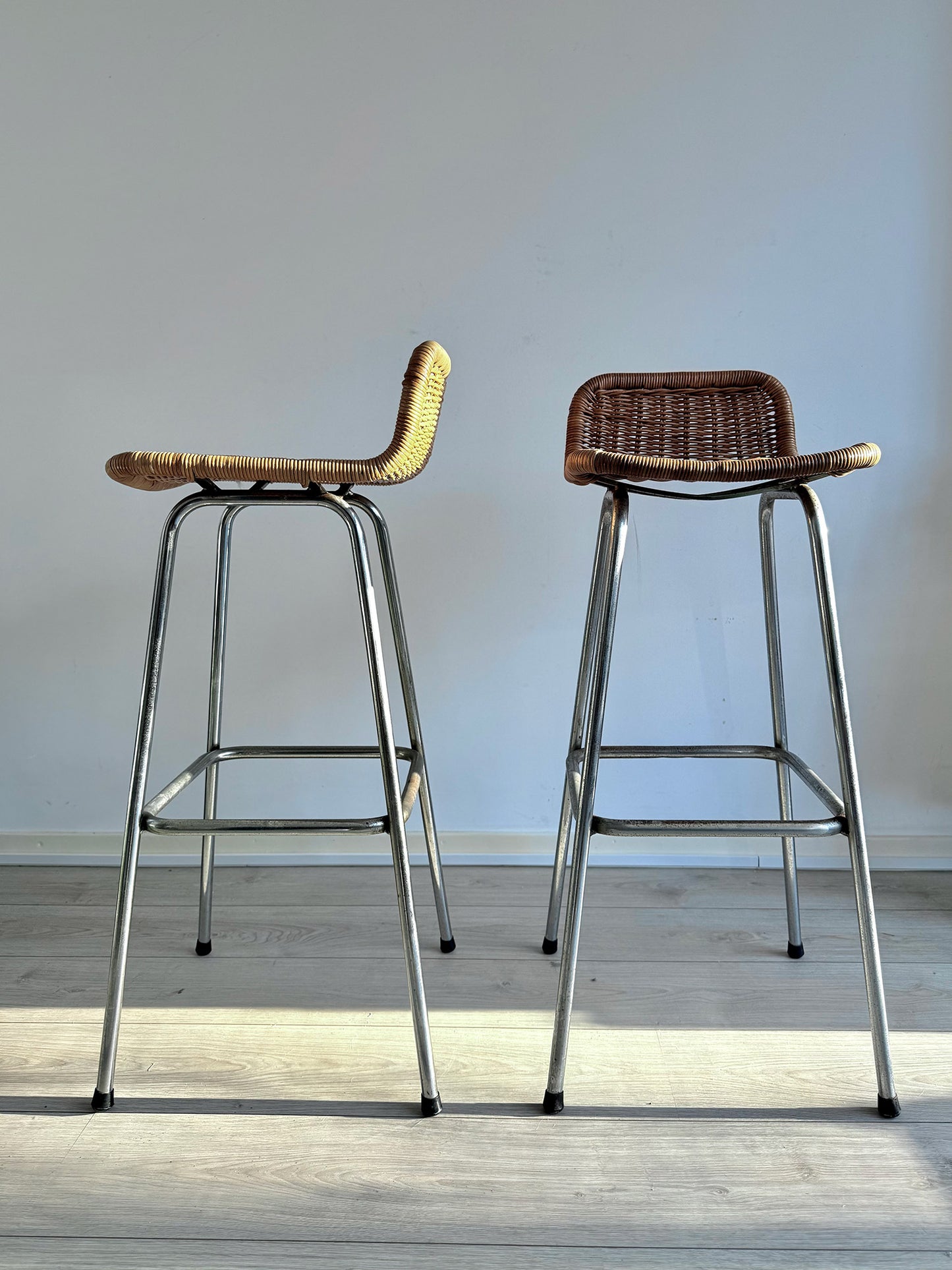 Vintage rattan bar stools by Dirk van Sliedregt for Rohé Noordwolde, Dutch design, 1970s (set of 2)