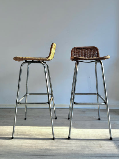 Vintage rattan bar stools by Dirk van Sliedregt for Rohé Noordwolde, Dutch design, 1970s (set of 2)
