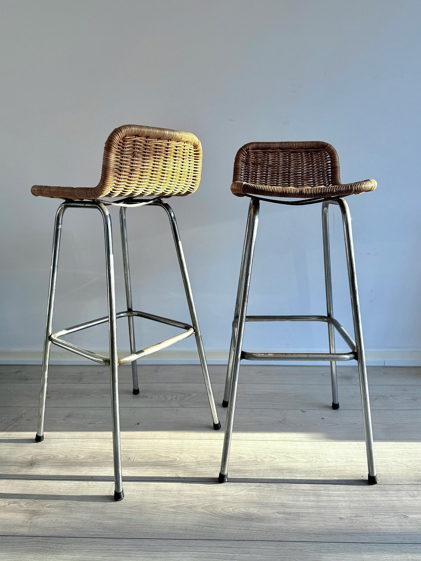 Vintage rattan bar stools by Dirk van Sliedregt for Rohé Noordwolde, Dutch design, 1970s (set of 2)