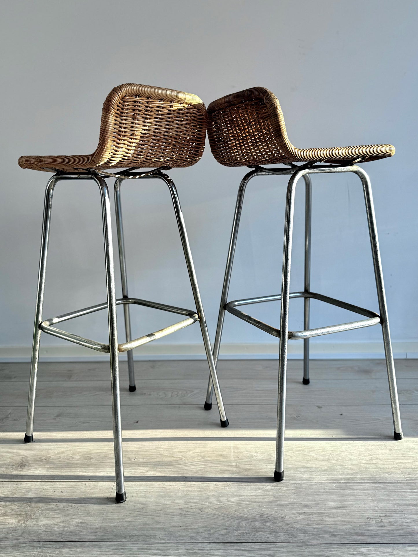 Vintage rattan bar stools by Dirk van Sliedregt for Rohé Noordwolde, Dutch design, 1970s (set of 2)
