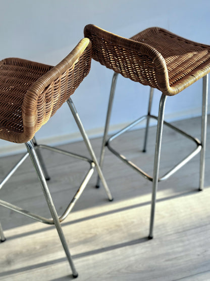 Vintage rattan bar stools by Dirk van Sliedregt for Rohé Noordwolde, Dutch design, 1970s (set of 2)