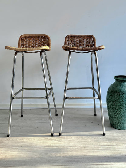 Vintage rattan bar stools by Dirk van Sliedregt for Rohé Noordwolde, Dutch design, 1970s (set of 2)