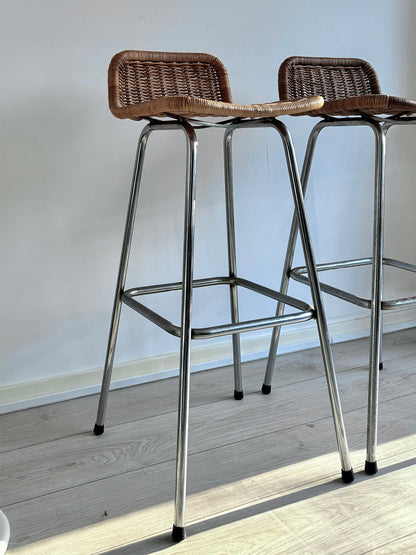 Vintage rattan bar stools by Dirk van Sliedregt for Rohé Noordwolde, Dutch design, 1970s (set of 2)