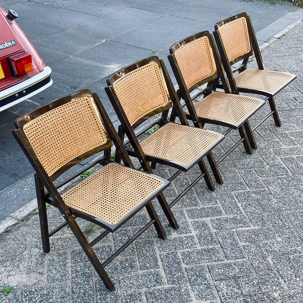 4x Mid Century vintage cane wicker folding chairs, France, 1960s