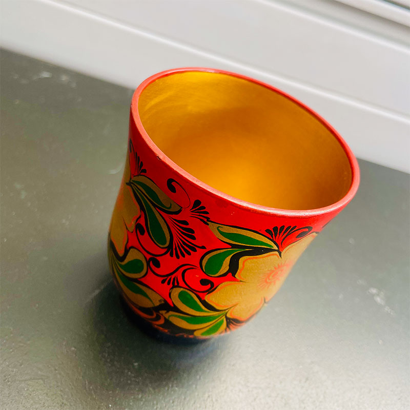 Vintage wooden Khokhloma cup, hand painted, Russia, 1970s