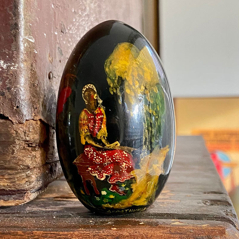 Decorative lacquer egg (wood), hand painted / palekh miniature, Christ, Russia, 1970s