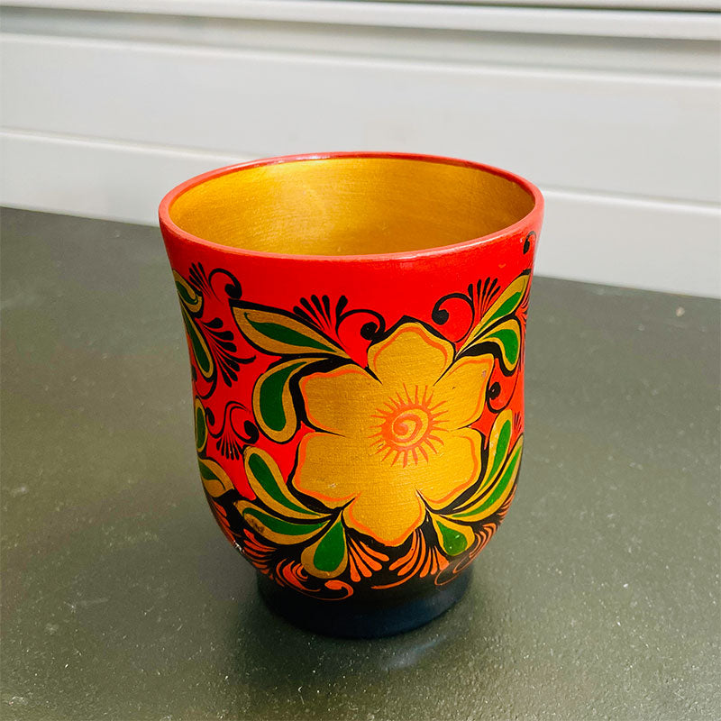 Vintage wooden Khokhloma cup, hand painted, Russia, 1970s