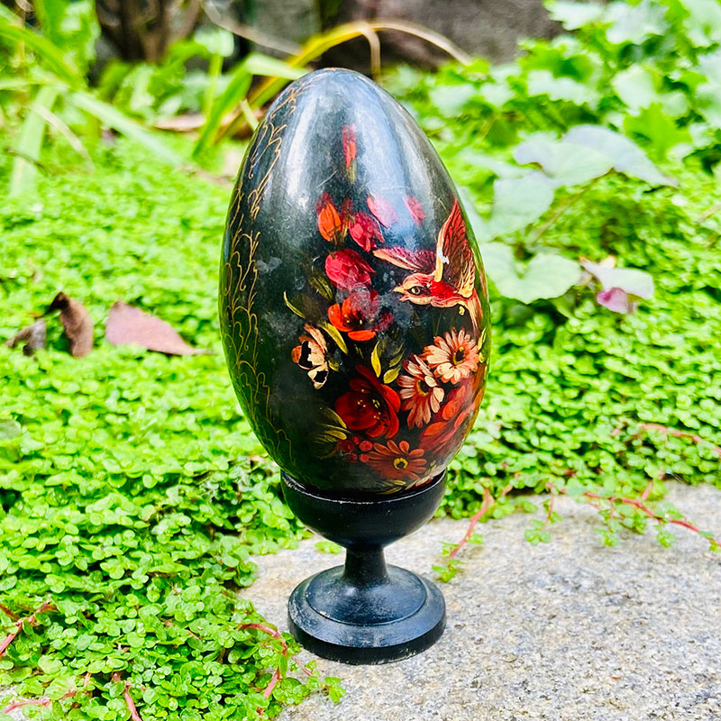 Decorative lacquer egg (wood), hand painted / palekh miniature, bird and flowers, Russia, 1970s