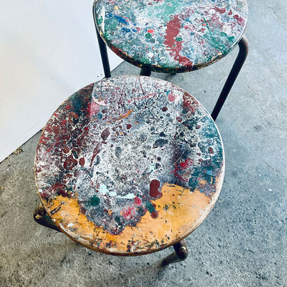 Set of 2 Vintage Atelier Jean Prouvé style modernist industrial mid-century stools, France, 1950s / 1960s