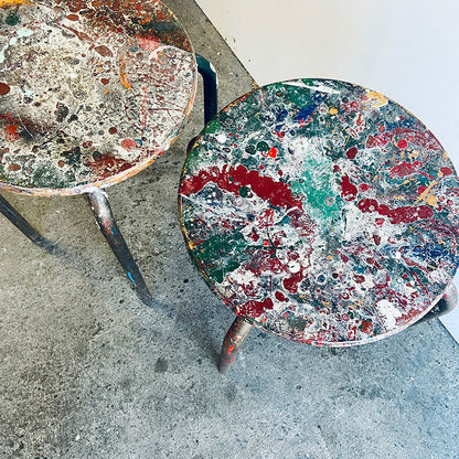 Set of 2 Vintage Atelier Jean Prouvé style modernist industrial mid-century stools, France, 1950s / 1960s