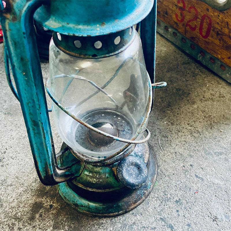 Blue iron petrol lamp, India, 1970s