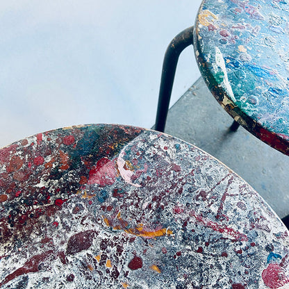 Set of 2 Vintage Atelier Jean Prouvé style modernist industrial mid-century stools, France, 1950s / 1960s