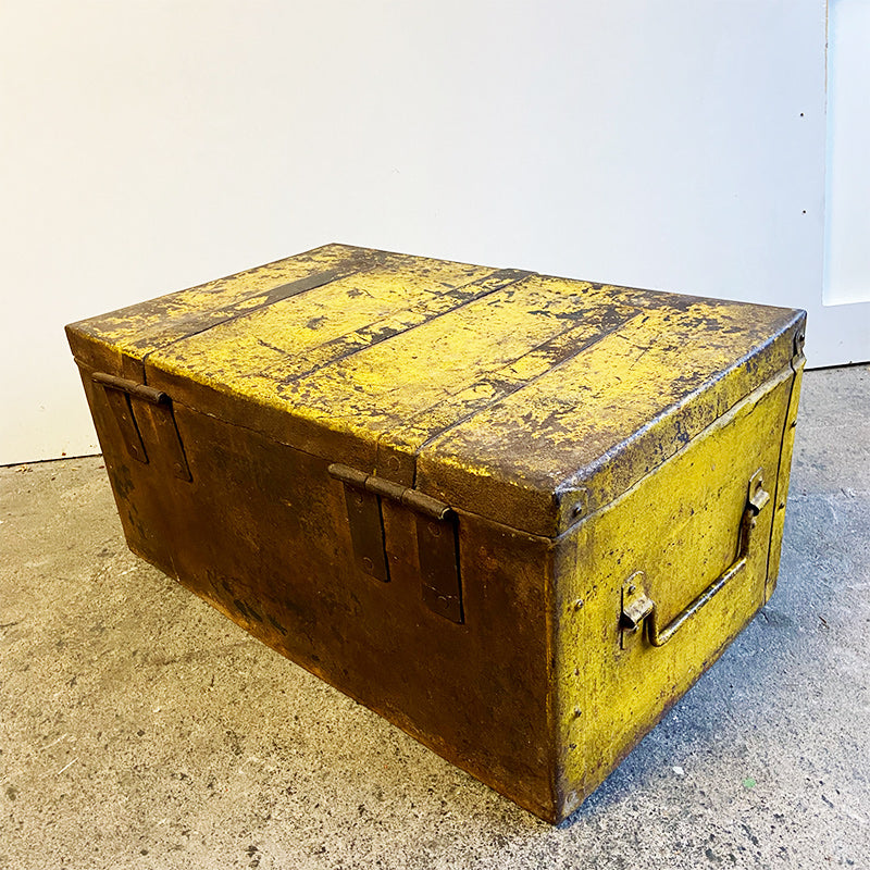 Vintage rugged yellow metal box, India / UK, 20th century