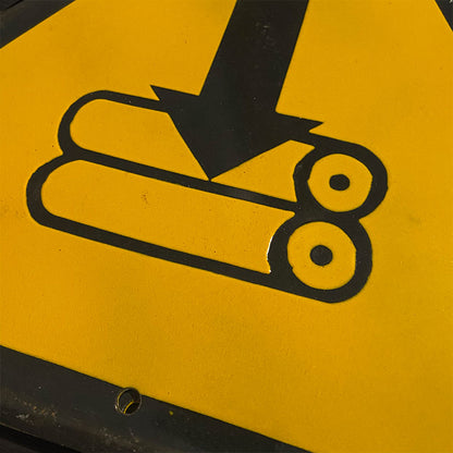 Industrial vintage porcelain enamel sign with safety instruction "Danger heavy machinery", Bulgaria, 1970s