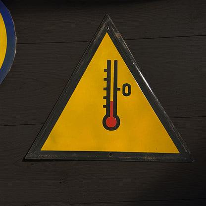 Industrial vintage porcelain enamel sign with safety instruction "Low temperature warning", Bulgaria, 1970s