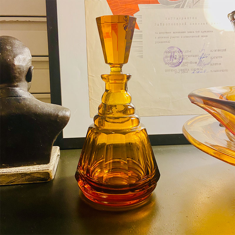 Liqueur carafe-decanter / amber colored cut glass, Czech / Bohemian, 1930s
