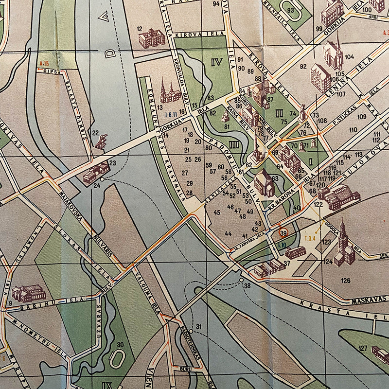 Map, Riga, in Russian, English and Latvian, Latvian SSR, 1950s