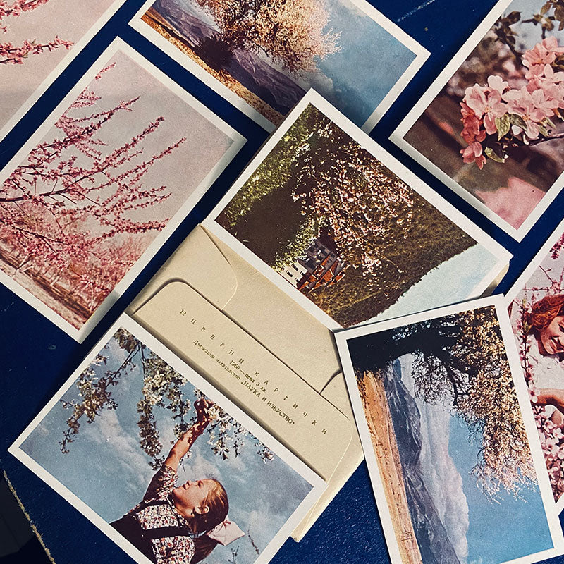 Postcard set with photos of flowers / blossom / spring, Bulgaria, 1960