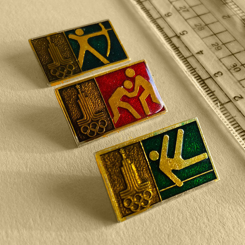 Set of 3 pins, Moscow 1980 Summer Olympics, Archery / Judo / Pole Vault, USSR, 1980s
