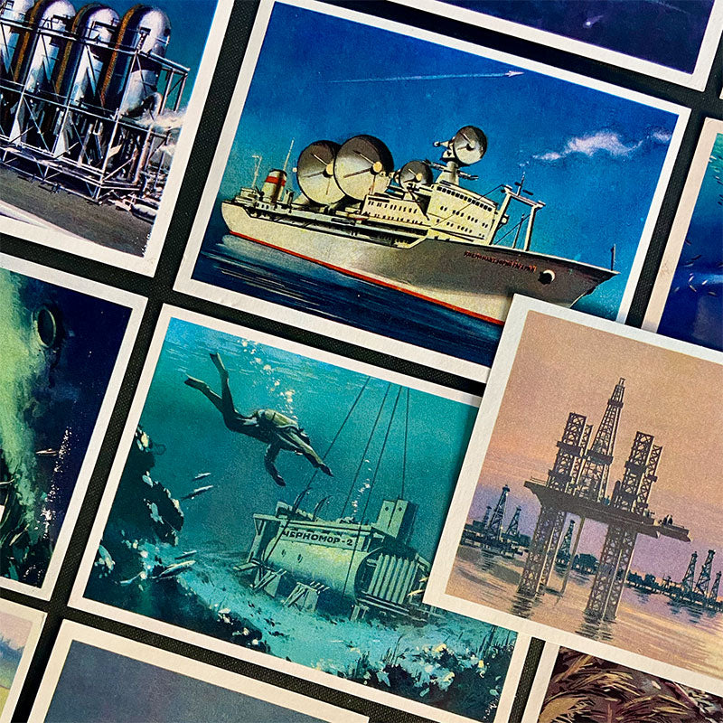 Postcard set with oceanography artworks "Man and the Ocean", Moscow, USSR, 1974