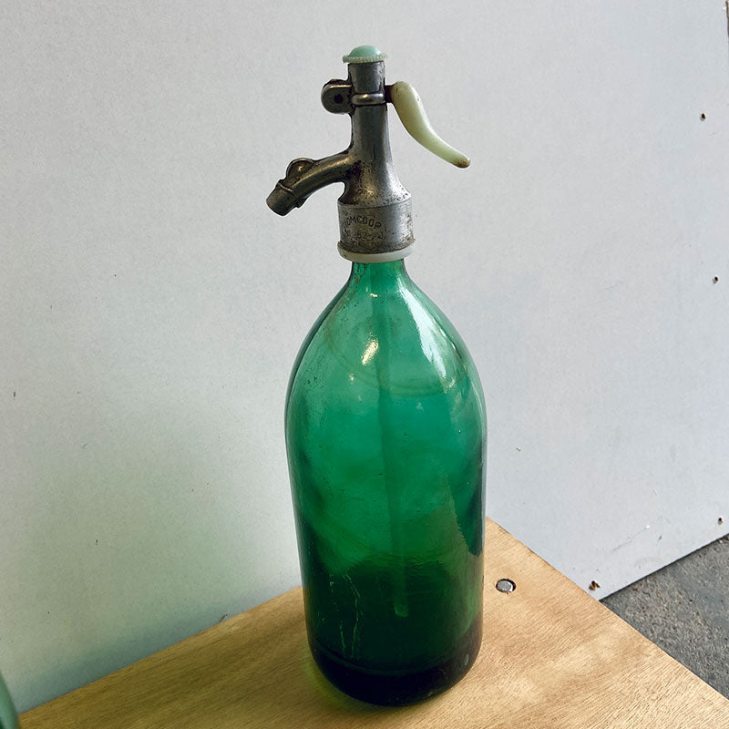 Green vintage seltzer soda siphon bottle, Hungary, 1950s - 1960s