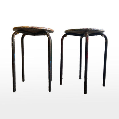 Set of 2 Vintage Atelier Jean Prouvé style modernist industrial mid-century stools, France, 1950s / 1960s